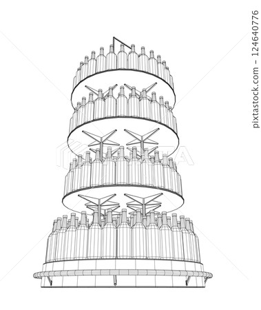 Wireframe Wine bottles stacked on wooden racks. Vector illustration isolated on white background. Bottle rack icon vector in thin line, on white background. Beer and brewing sign and symbol. 3D Wireframe Wine bottles stacked on wooden racks. Vector illustration isolated on white background. Bottle rack icon vector in thin line, on white background. Beer and brewing sign and symbol. 3D 124640776