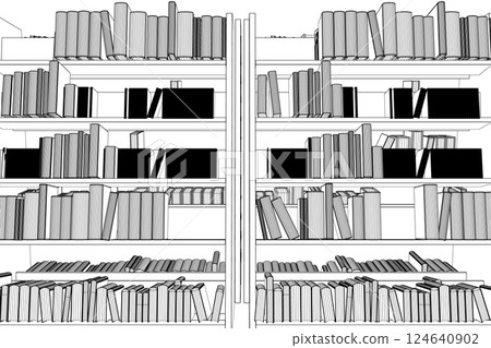Vector of library book shelf background. Mockup of bookshelf with blank books. Wireframe Books on the shelves simply retro vector illustration. line drawing of book, education, school, study 3D 124640902