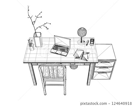 Empty Workplace wireframe, Desk Chair Computer Workspace Office No People. Office workplace flat design. Creative workplace modern open space empty nobody office interior contemporary. 3D Empty Workplace wireframe, Desk Chair Computer Workspace Office No People. Office workplace flat design. Creative workplace modern open space empty nobody office interior contemporary. 3D 124640918