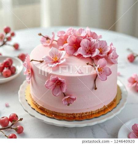 Cherry blossoms and cherry cake on a white plate 124640920
