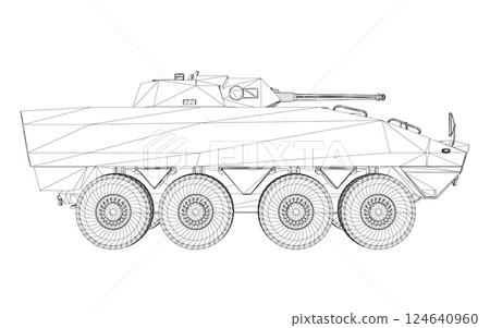 Wireframe Armored troop carrier. Military machinery drawing vector illustration. BTR 3D Wireframe Armored troop carrier. Military machinery drawing vector illustration. BTR 3D 124640960