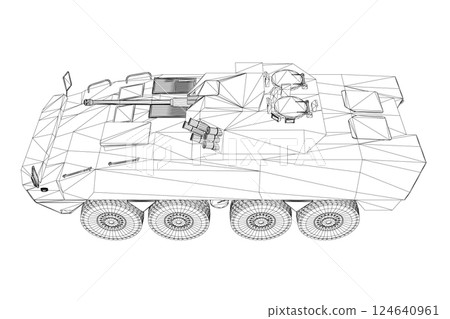 Wireframe Armored troop carrier. Military machinery drawing vector illustration. BTR 3D Wireframe Armored troop carrier. Military machinery drawing vector illustration. BTR 3D 124640961