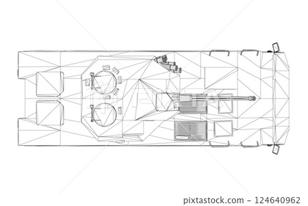 Wireframe Armored troop carrier. Military machinery drawing vector illustration. BTR 3D Wireframe Armored troop carrier. Military machinery drawing vector illustration. BTR 3D 124640962