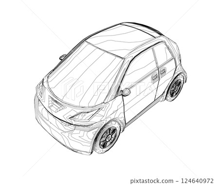 Vector flat illustration of contour small car. City car blueprint. Blank compact car template for branding or advertising. Food delivery car 124640972