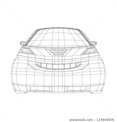 Vector illustration of wireframe small car. City car blueprint. Blank compact car template for branding or advertising. Food delivery car. 3D 124640976