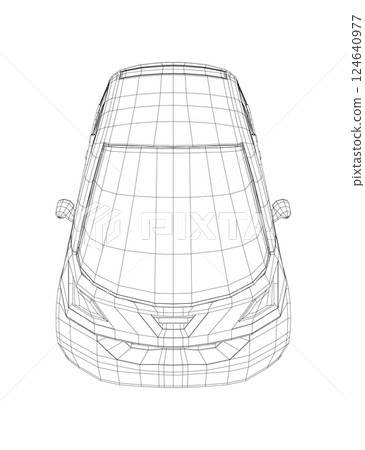 Vector illustration of wireframe small car. City car blueprint. Blank compact car template for branding or advertising. Food delivery car. 3D 124640977