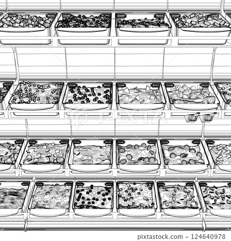 Outline grocery market counter, supermarket showcase and checkout counter. Grocery store customers trolleys and goods shelves vector illustration. Supermarket interior. Shelf with food contour 124640978