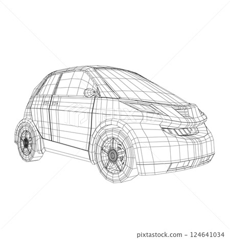 Vector illustration of wireframe small car. City car blueprint. Blank compact car template for branding or advertising. Food delivery car. 3D Vector illustration of wireframe small car. City car blueprint. Blank compact car template for branding or advertising. Food delivery car. 3D 124641034