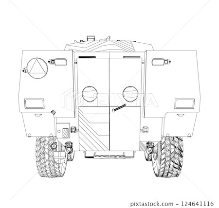 Outline Armored troop carrier. Military machinery drawing vector illustration. BTR 124641116