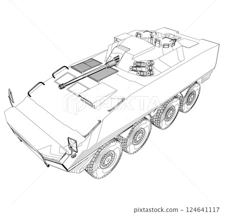 Outline Armored troop carrier. Military machinery drawing vector illustration. BTR 124641117