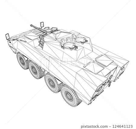 Wireframe Armored troop carrier. Military machinery drawing vector illustration. BTR 3D 124641123