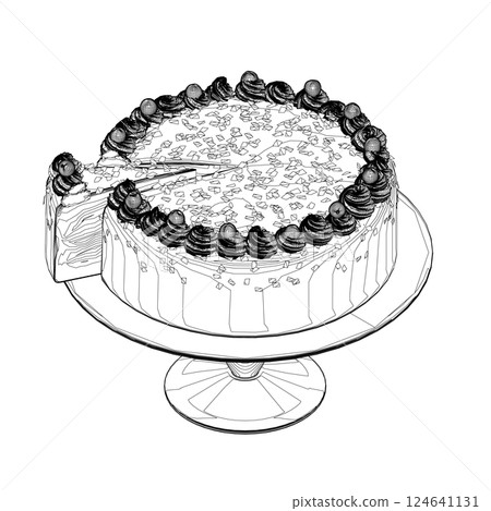 Outline cake. Birthday cake in contour line art drawing style. Traditional birthday cake on the top minimalist black linear sketch isolated on white background. Vector illustration 124641131