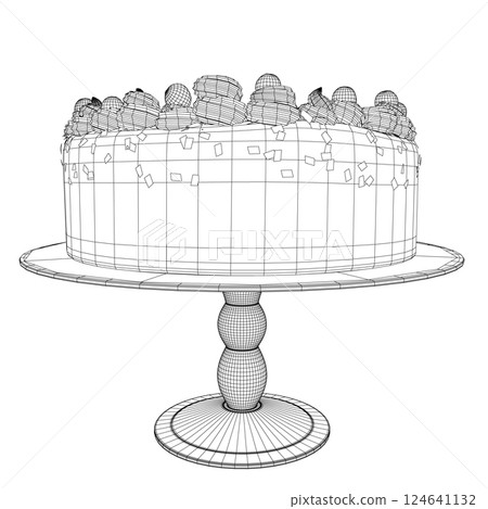 Wireframe cake. Birthday cake in contour line art drawing style. Traditional birthday cake on the top minimalist black linear sketch isolated on white background. Vector illustration. 3D 124641132