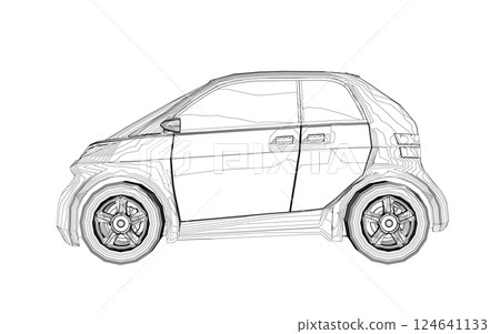 Vector flat illustration of contour small car. City car blueprint. Blank compact car template for branding or advertising. Food delivery car Vector flat illustration of contour small car. City car blueprint. Blank compact car template for branding or advertising. Food delivery car 124641133