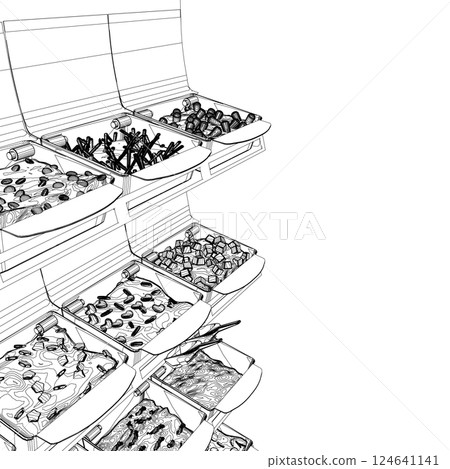 Outline grocery market counter, supermarket showcase and checkout counter. Grocery store customers trolleys and goods shelves vector illustration. Supermarket interior. Shelf with food contour Outline grocery market counter, supermarket showcase and checkout counter. Grocery store customers trolleys and goods shelves vector illustration. Supermarket interior. Shelf with food contour 124641141