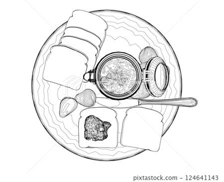 Outline healthy morning food and breakfast meals hand drawn with contour lines on white background - toasts, strawberry. Vector illustration. Outline healthy morning food and breakfast meals hand drawn with contour lines on white background - toasts, strawberry. Vector illustration. 124641143