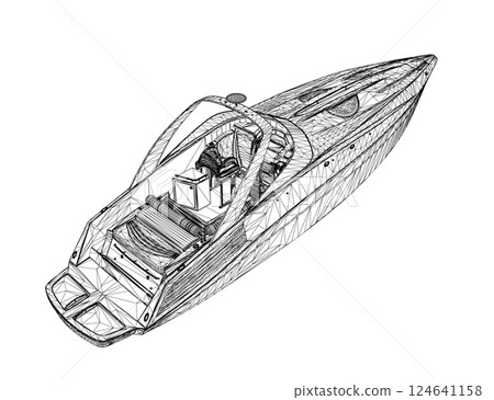 Wireframe Speedboat isolated vector illustration. Luxury and expensive boat. 3D 124641158