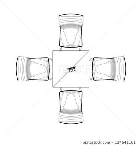 Contour Modern round table with chairs. Vector illustration. Hand drawn vector line art sketch of a dining table with chairs Contour Modern round table with chairs. Vector illustration. Hand drawn vector line art sketch of a dining table with chairs 124641161