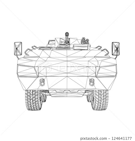 Wireframe Armored troop carrier. Military machinery drawing vector illustration. BTR 3D Wireframe Armored troop carrier. Military machinery drawing vector illustration. BTR 3D 124641177