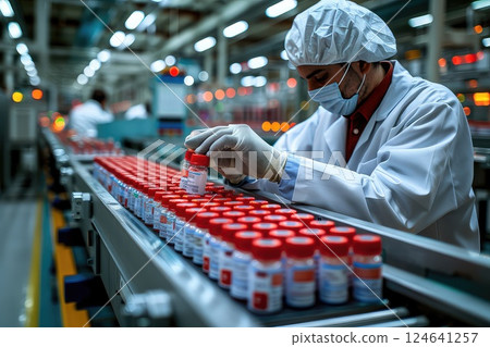 Modern conveyor of a pharmaceutical factory. The movement of ampoules on a conveyor close-up. Production of innovative medical products. The heartbeat of pharmaceutical production. 124641257