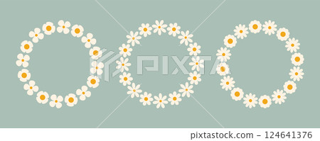 Groovy flower circle frame set. Floral simple circle frame. Hand drawn botanical round border, laurel, wreath with flowers illustration for wedding invitation, card, logo 124641376