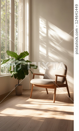 Scandinavian style room with chair and plant by sunlit window 124641449