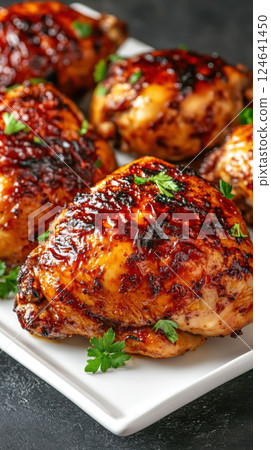 Juicy roasted chicken with golden skin on white platter garnished with herbs 124641450