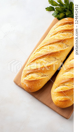 Golden baguettes on wooden board with parsley garnish Golden baguettes on wooden board with parsley garnish 124641452