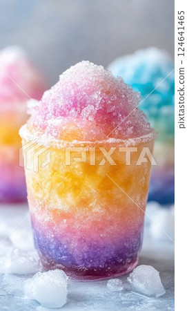 Colorful snow cone with vibrant syrup and ice texture. Refreshing and sweet treat Colorful snow cone with vibrant syrup and ice texture. Refreshing and sweet treat 124641465