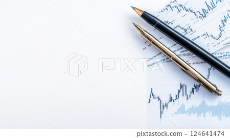 Financial charts with pens on white background Financial charts with pens on white background 124641474