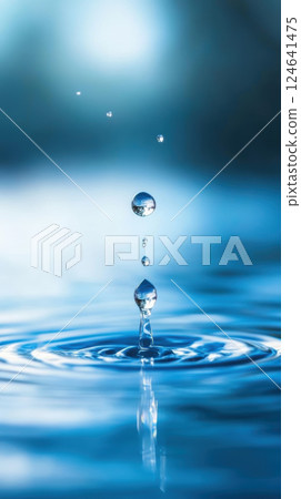 Fresh water droplets create ripples on calm surface 124641475