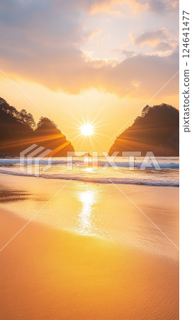 Golden sunset over tranquil beach with gentle waves Golden sunset over tranquil beach with gentle waves 124641477