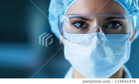 healthcare professional wearing protective gear, including mask and goggles healthcare professional wearing protective gear, including mask and goggles 124641478