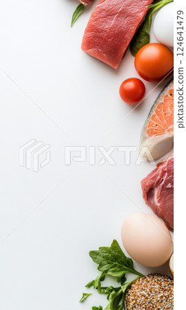 Healthy meal planning with fresh ingredients like meat, fish, and vegetables 124641479