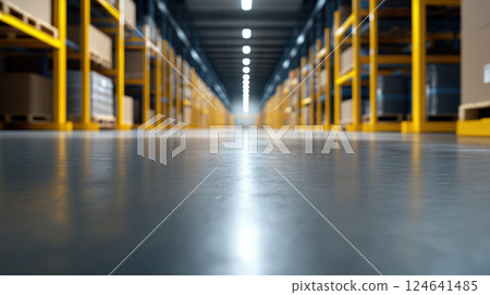 modern warehouse interior with yellow shelving and polished floor 124641485