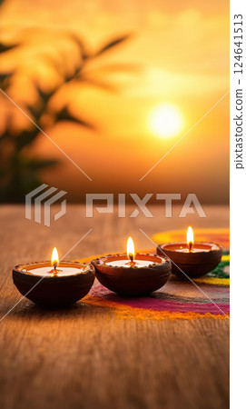 Three lit diyas on wooden surface with sunset background 124641513