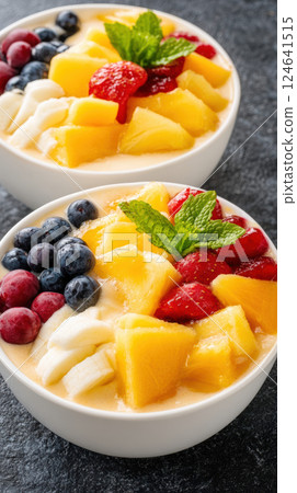 Tropical smoothie bowls with fresh fruits and mint garnish 124641515