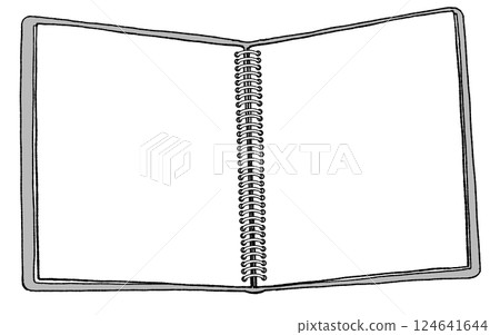 Monochrome illustration of an open blank spiral notebook Monochrome illustration of an open blank spiral notebook 124641644