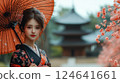 A portrait japanese young woman wearing a traditional Japanese kimono, walking while holding a Wagasa umbrella. The background of old Japanese-style wooden house in cherry blossom on springtime. Ai 124641661