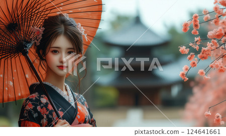 A portrait japanese young woman wearing a traditional Japanese kimono, walking while holding a Wagasa umbrella. The background of old Japanese-style wooden house in cherry blossom on springtime. Ai 124641661