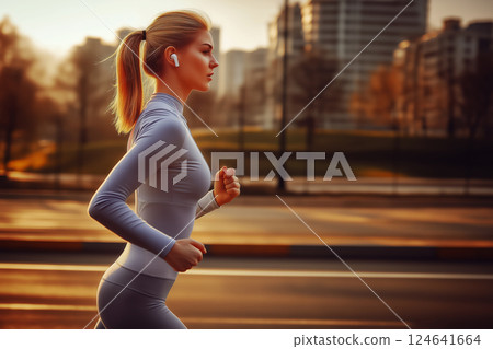 A young woman jogging through an urban at sunrise environment. Ai generated. 124641664