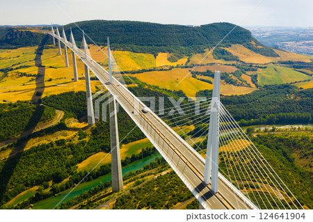 Modern multi-span cable-stayed road bridge Millau Viaduct, France 124641904