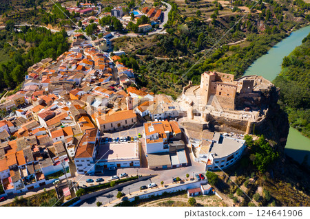 View from drone of Cofrentes cityscape with castle, Valencia, Spain 124641906