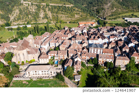 Panoramic aerial view of landscape of spanish city of Anso on sunny day. Huesca, Spain 124641907