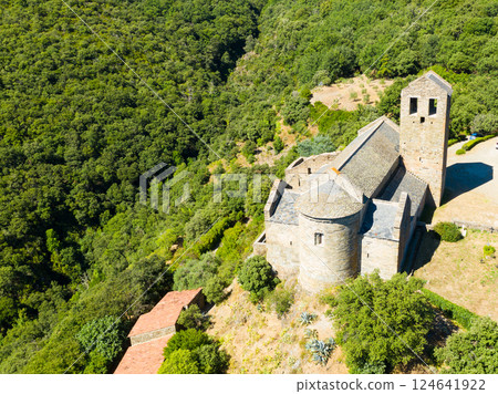 Aerial view of ancient Serrabone Priory in summer, France 124641922