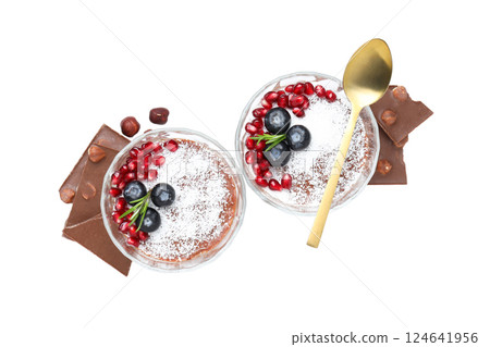 PNG, chocolate mousse in a bowl with a pomegranate, isolated on a white background. PNG, chocolate mousse in a bowl with a pomegranate, isolated on a white background. 124641956