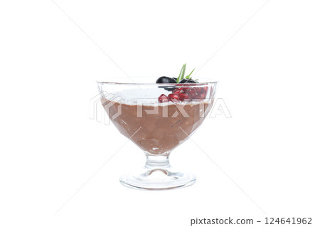 PNG, chocolate mousse in a bowl with a pomegranate, isolated on a white background. 124641962