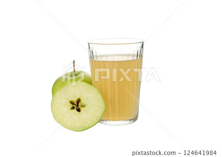 PNG, Glass of apple cider, whole and piece apple, isolated on white background 124641984