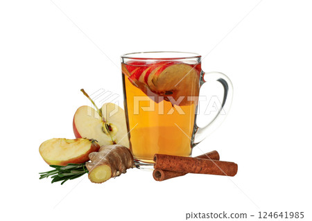 PNG, apple cider in glass cup, apples, rosemary branches, ginger root and cinnamon, isolated on white background 124641985