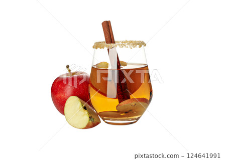 PNG, Apple cider with cinnamon in glass and whole and piece apple, isolated on white background 124641991